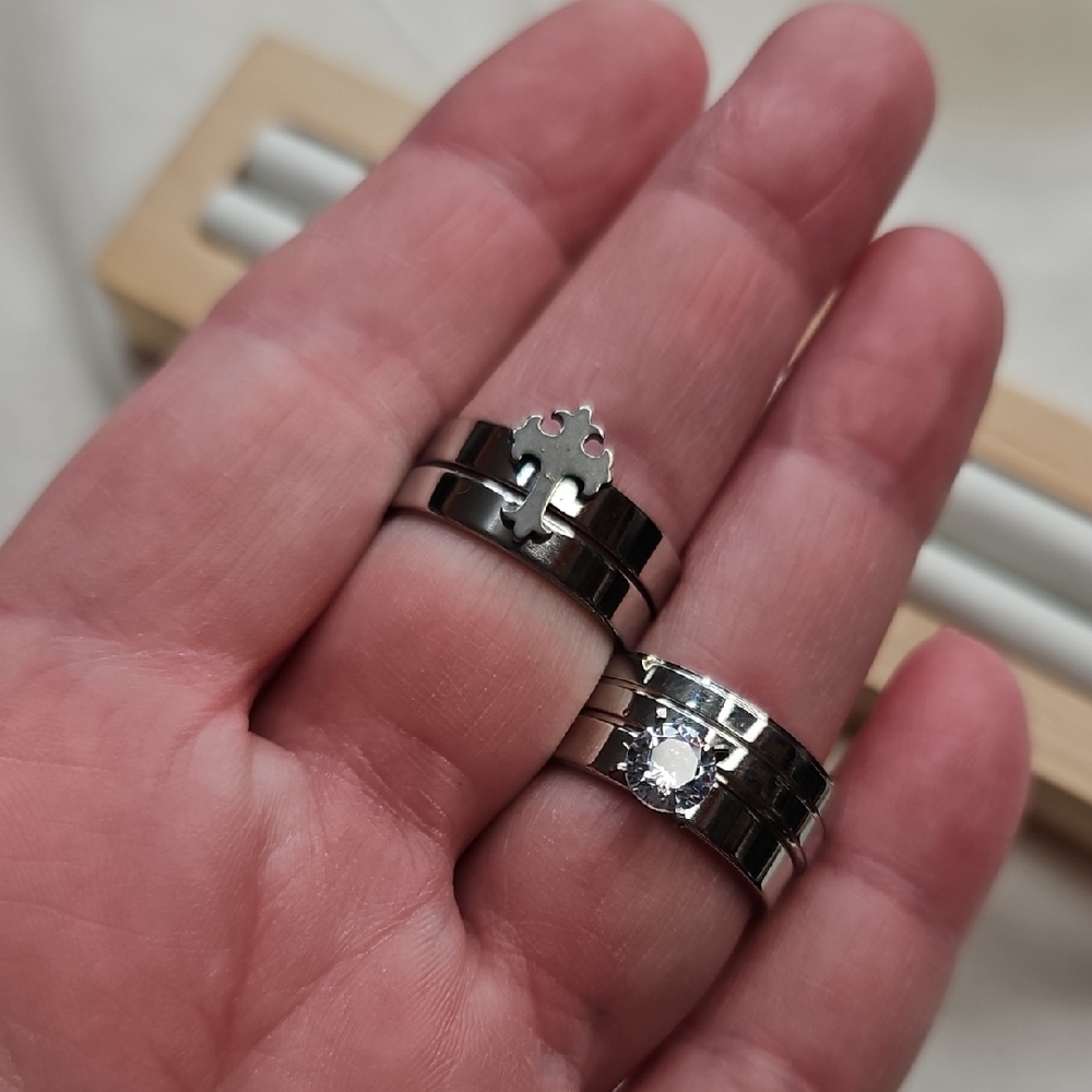 Unisex 2 Sets Stainless Steel Silver Rings Cross Rhinestone Bands Fashion Rings